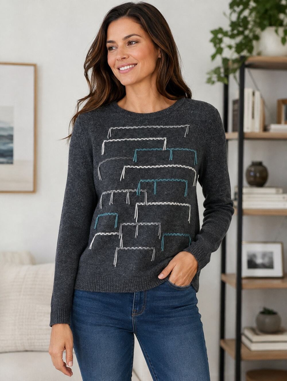 Pure Jill Women’s Sweater XS‎ Gray Blue Textured Knit Cotton Blend Pullover